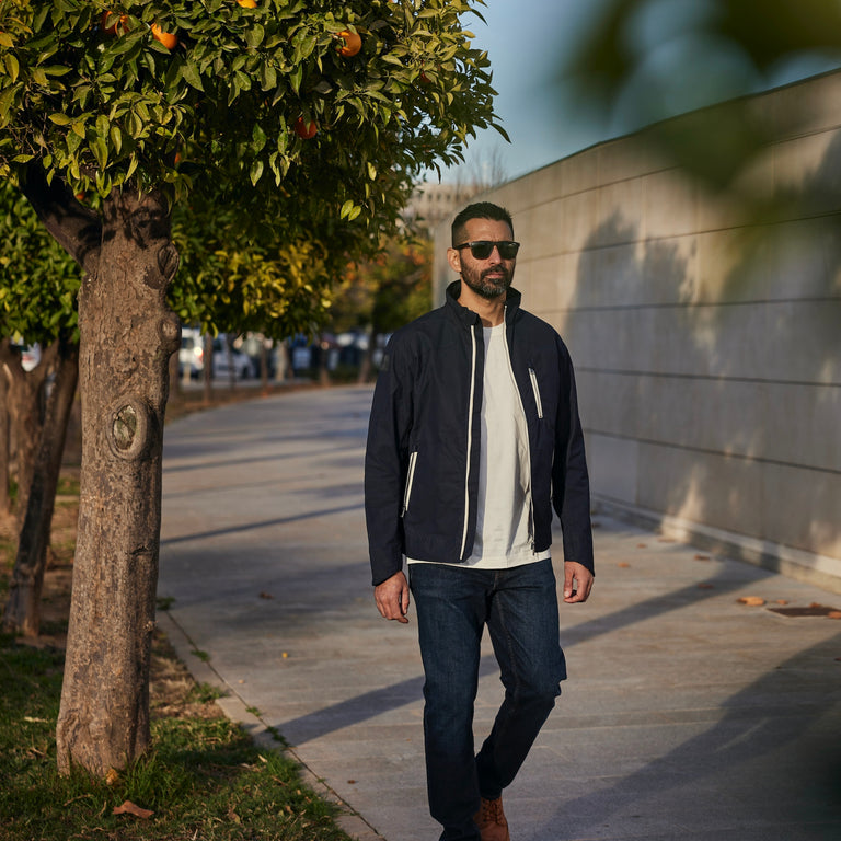 FRAHM Harrington Racer Jacket. Dark Navy/Cream.