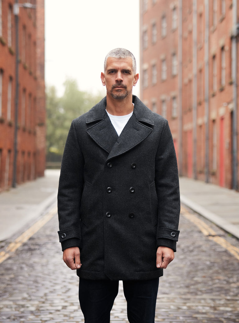 Pure Wool Quilted Peacoat 2025 Charcoal Grey