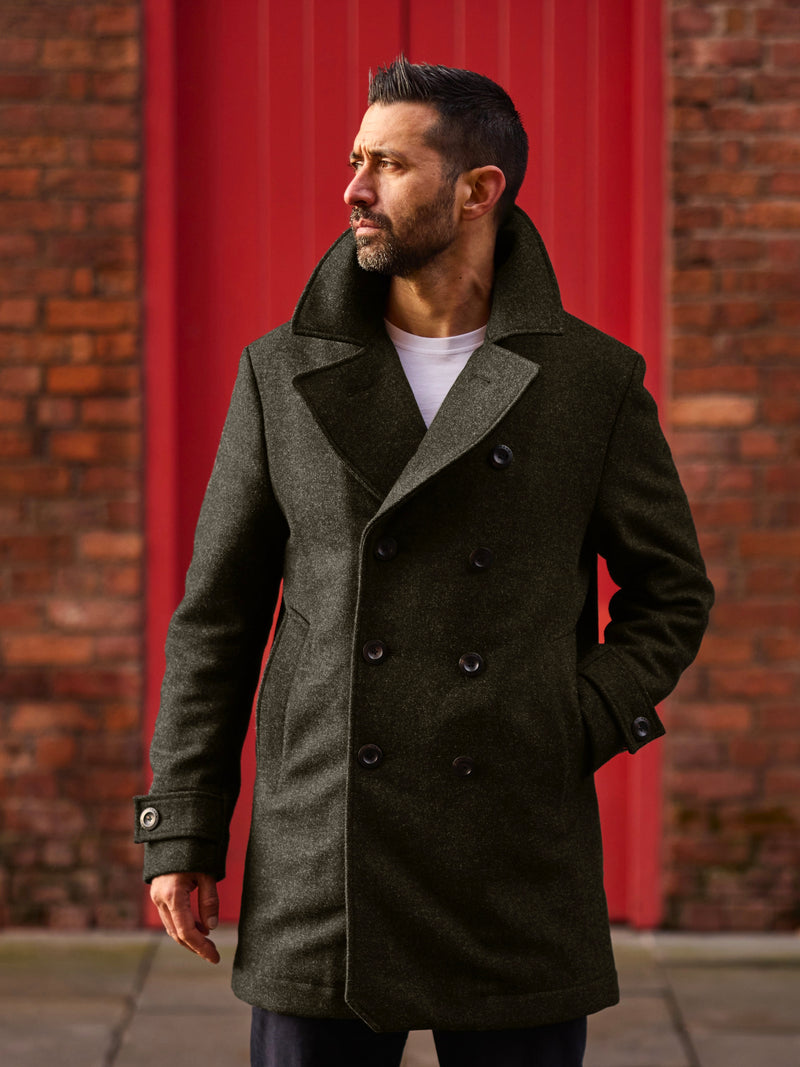 Pure Wool Quilted Peacoat 2025 Dark Green